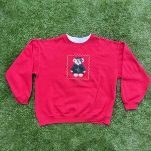 Vintage Bold Spirit Sweatshirt Womens Large Christmas Embroidered Teddy Bear Red